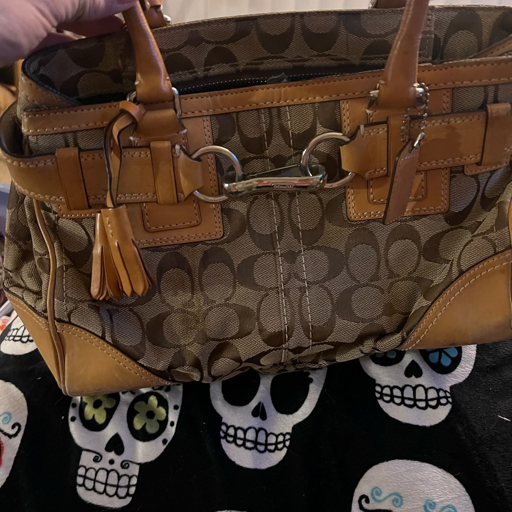 Coach Signature Tan and Brown Shoulder Bag with Leather Trim